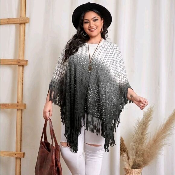 Plus Ombre Fringe Trim Pointelle Knit Poncho - Picture 2 of 6